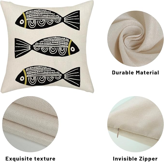 Coastal Pillow Covers 18x18 Inch Set of 2 Ocean Beach Black Fish Throw Pillows Summer Natical Outdoor Decorative Pillow Cases Linen Farmhouse Cushion Cover for Couch Home Sofa Bedroom Decor