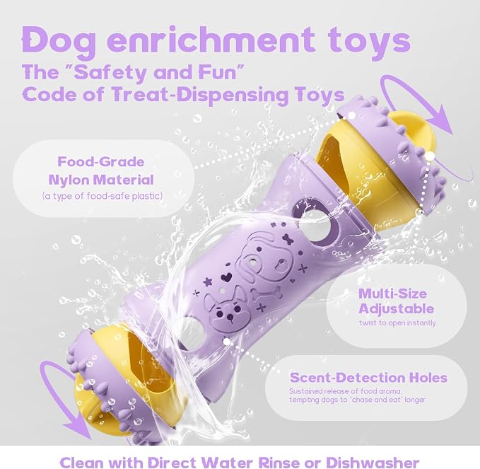 Treat Dispensing Dog Toys, Interactive Adjustable Dog Toy to Keep Them Busy | Dog Enrichment for Brain Stimulation & Cognitive for Puppy Puzzle to Reduce Boredom-Ideal Gift for All Dogs(Nylon)-Lavender