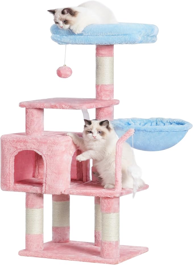 Heybly Cat Tree with Toy, 43.3 inch Cat Tower condo for Indoor Cats, Cat House with Padded Plush Perch, Cozy Hammock and Sisal Scratching Posts, Blue and Pink HCT004SBP
