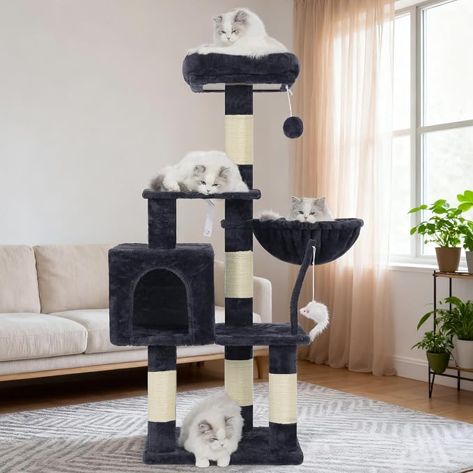 Heybly Cat Tree with Toy, 43.3 inch Cat Tower for Indoor Cats HCT004SG | Cat Condo with Durable Sisal Scratching Posts, Cat House with Padded Plush Perch, Cozy Hammock, Smoky Gray
