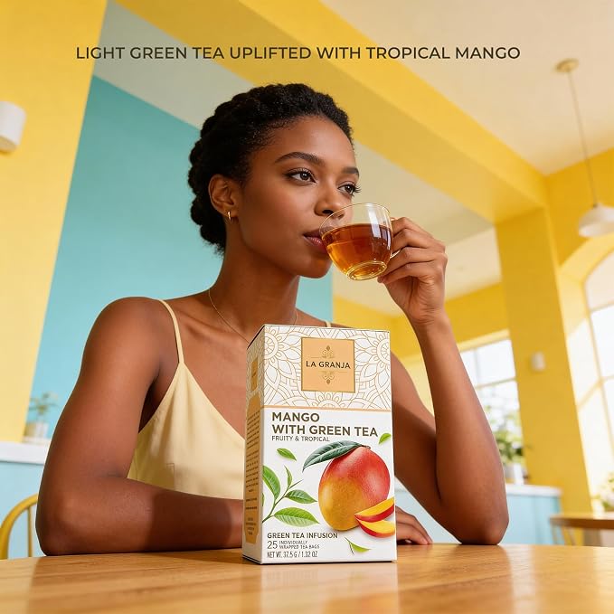 Life Plus Style Gourmet La Granja Mango Green Tea Tropical Mango Tea Fruity Flavor Naturally Caffeinated & Zero Sugar Refreshing Hot or Iced Individually Wrapped 25 Tea Bags