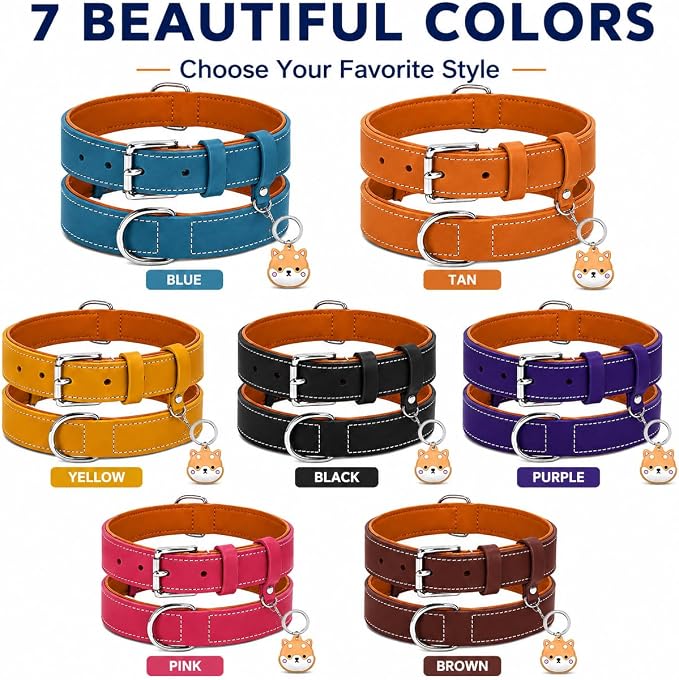 Genuine Leather Dog Collar, Soft Padded Leather Dog Collars with Airtag Holder Case for Small Medium Large X-Large Dogs,Comfort Heavy Duty Pet Collar with Durable Metal Buckle & D-Ring-Dark Purple/XS