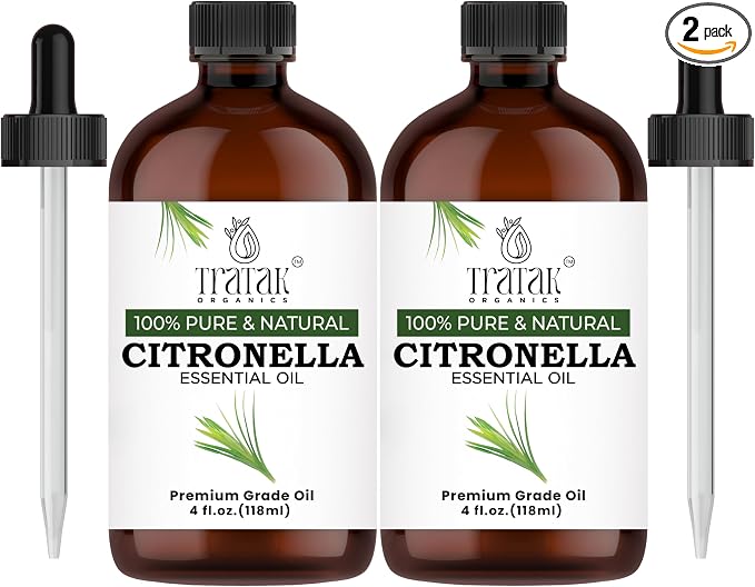 Citronella Essential Oil – 4 Fl Oz – 100% Pure and Natural Citronella Oil for Diffuser and Aromatherapy, Skin, Massage, Candle and Soap Making Fragrance - with Dropper (Pack of 2)