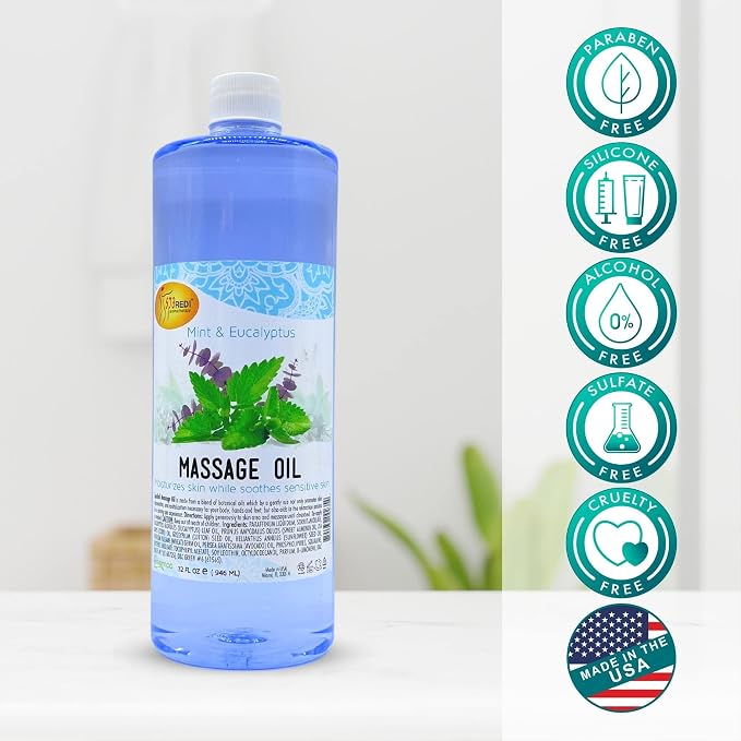 SPA REDI Mint Eucalyptus Professional Massage Oil – 5-Oil Botanical Blend for Deep Tissue Relief & Dry Skin | Vitamin E, Almond, Avocado & Sunflower Oils | Cruelty-Free, Sulfate-Free | 32 oz