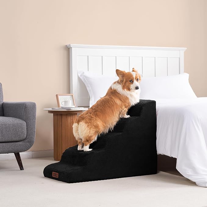 EHEYCIGA Curved Dog Stairs Ramp, 5-Step Extra Wide High Beds, Dog Steps | 33D density of pure foam, for Small Dogs and Cats, Pet Stairs for High Bed Climbing, Non-Slip Balanced Indoor, Black