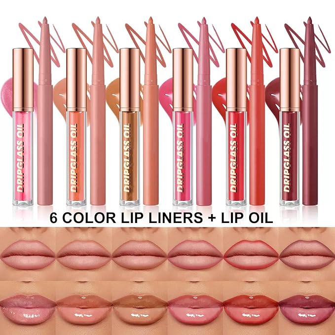 Dark Red Lip Liner Lip Gloss Set for Women, Waterproof Lip Kit with Lip Oil Lip Liner Pencil, Hydrating Long-Lasting Lipgloss Lip Pencil, High Pigment Non-Sticky lip liner Stain Lipliner (12#)