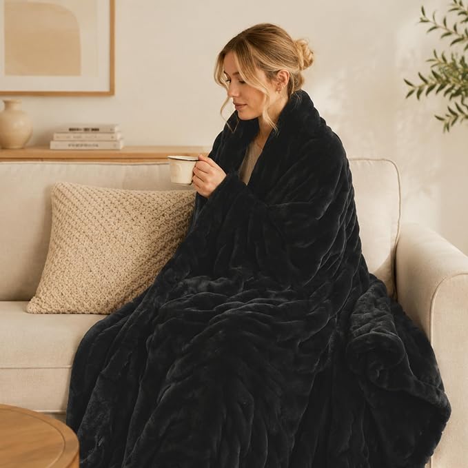BATTILO Soft Black Faux Fur Throw Blanket for Couch, 50"x60", Double Side | Black Throw Blanket, Minky Couture Blanket, Cozy Warm Fluffy Faux Fur Blanket For Bed, Sofa Living Room