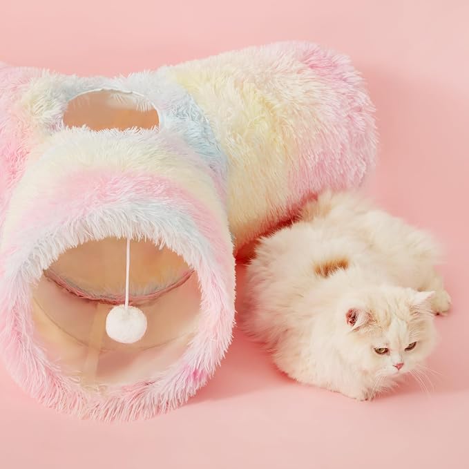 Tempcore Plush Pet Cat Tunnel Tube Cat Toys 3 Way Collapsible, Tunnels for Indoor Cats,Kitty Tunnel Bored Pet Toys Peek Hole Ball Puppy, Kitty, Kitten, Rabbit Rainbow