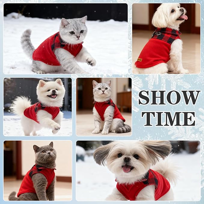 Christmas Fleece Dog Sweater for Small Medium Dogs - Classic Plaid Jacket, Doggie Winter Coat Vest with 2 D-Rings for Leash, Cold Weather Clothes,Pet Apparel,Sweatershirt for Boy or Girls
