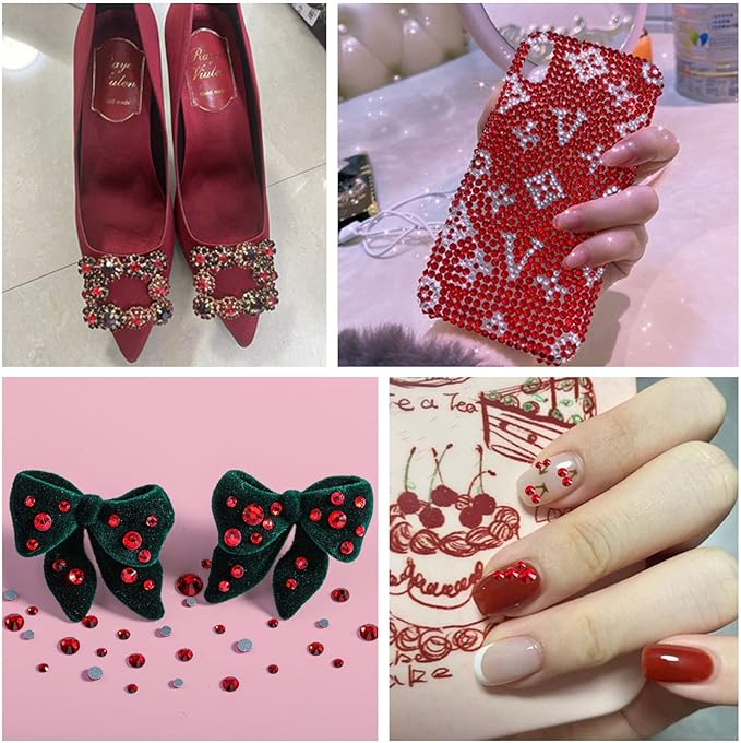 Beadsland 8300PCS Flatback Rhinestones, Red Rhinestone Nail Gems Round Crystal Rhinestones for Crafts, Mixed 10 Sizes with Wax Pencil and Tweezer Kit, SS3-SS30, Siam