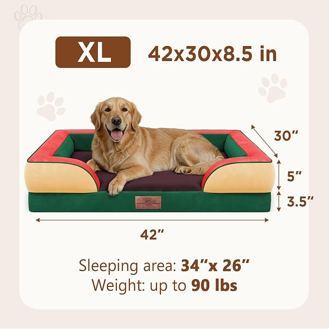 Comfort Expression Orthopedic Dog Bed for Extra Large Dogs with Bolster | Waterproof Dog Couch Bed with Washable Cover & Non-Slip Bottom, Supportive Egg Crate Foam XL Pet Bed, 42x30 Inch