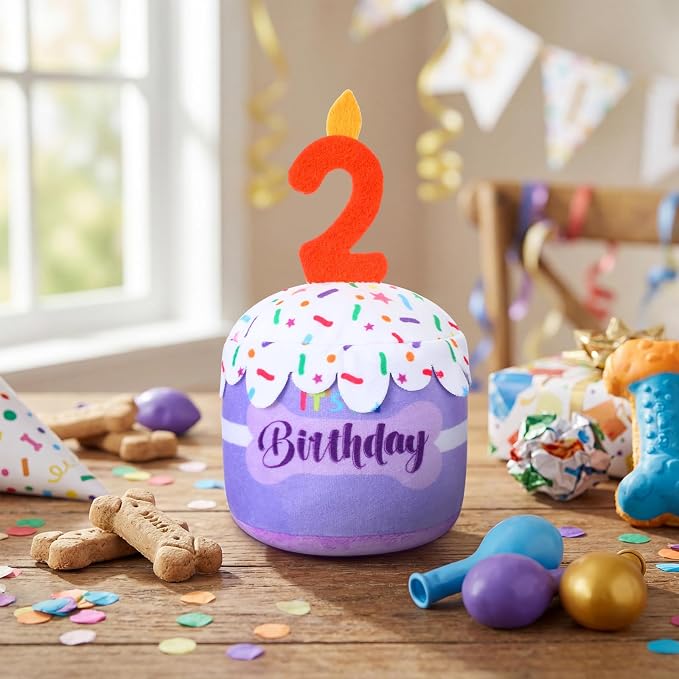 Dansydaisy Dog Birthday Cake Toy Squeaky Plush Gift,2nd,Purple