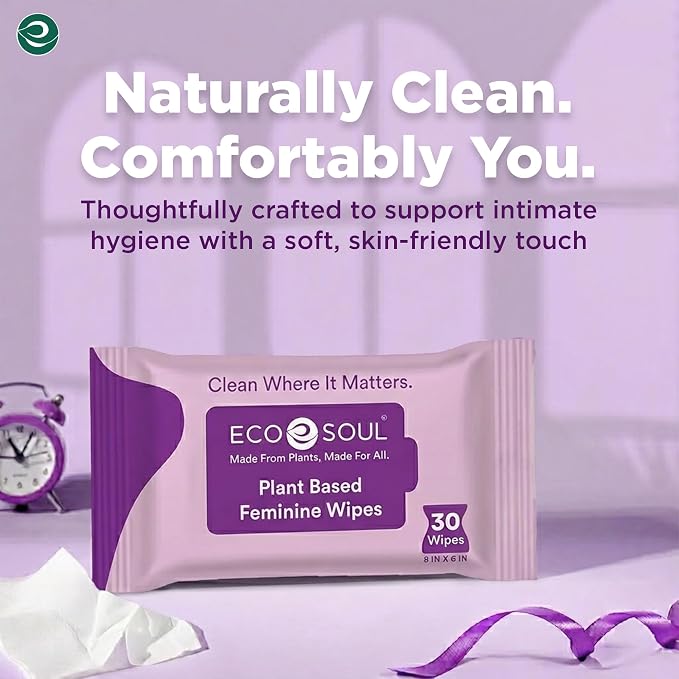 ECO SOUL Plant-Based Feminine Hygiene Wipes (30 Count, Pack of 4) Dermatologist Tested pH Balanced Intimate Cleansing Wipes FSC-Certified Alcohol-Free, Paraben-Free, Fragrance-Free & Hypoallergenic