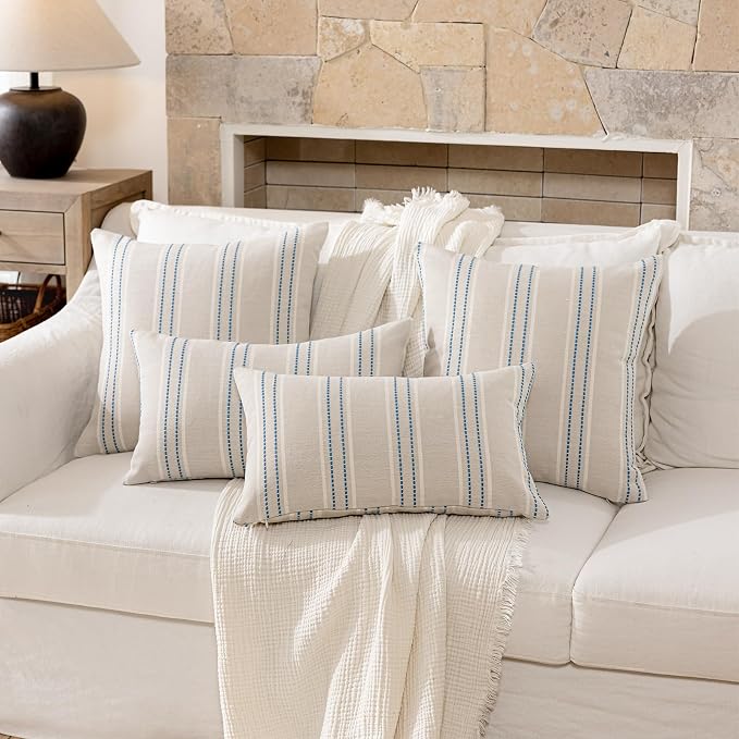 Hckot Stripe Throw Pillow Covers 26x26 Large Square Lake Blue Pillow Cover | Farmhouse Decorative Pillows Textured Linen Euro Sham Cushion Covers for Sofa Couch Bed Living Room Decor