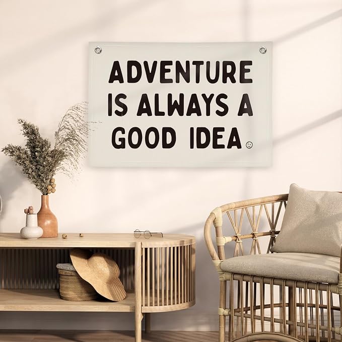 Nursery Decor, Boys Room Decoration Adventure Is Always A Good Idea Motivational Banner for Playroom, Nursery Hanging Linen Banner Wall Canvas Flag, Toddler Teen Room Dorm Decor 30x20