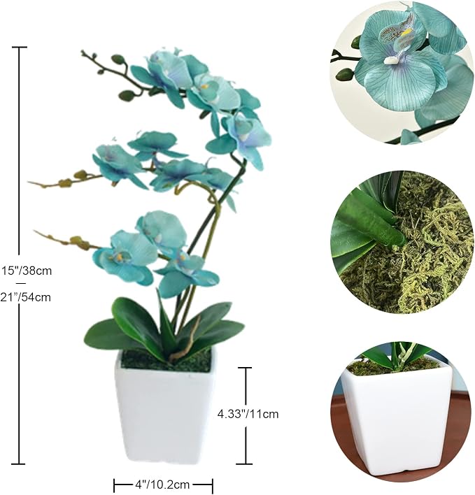 15" Silk Phalaenopsis Orchid in Square Pot, Teal Flower Plant Arrangements | Lifelike Faux Potted Blooms with Moss in a Ceramic Planter. Looks Real, Zero Upkeep, Ideal Centerpiece for Any Table