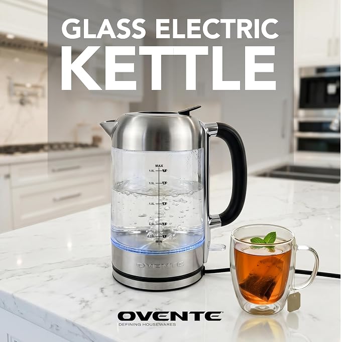 OVENTE Electric Kettle, 1.8L Tea Kettle and Hot Water Boiler For Coffee or Tea, Easy to Fill Lid, Auto Shut-Off, Borosilicate Glass with Stainless Steel Filter, 1500W, BPA Free, Silver KG71S