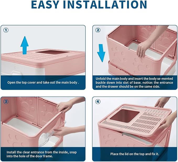 Medario Cat Litter Box with Litter Mat and Scoop(Pink) | Large Covered Litter Box with Lid, Enclosed Kitty Box, Front Entry Top Exit, Odor Control, Easy to Clean