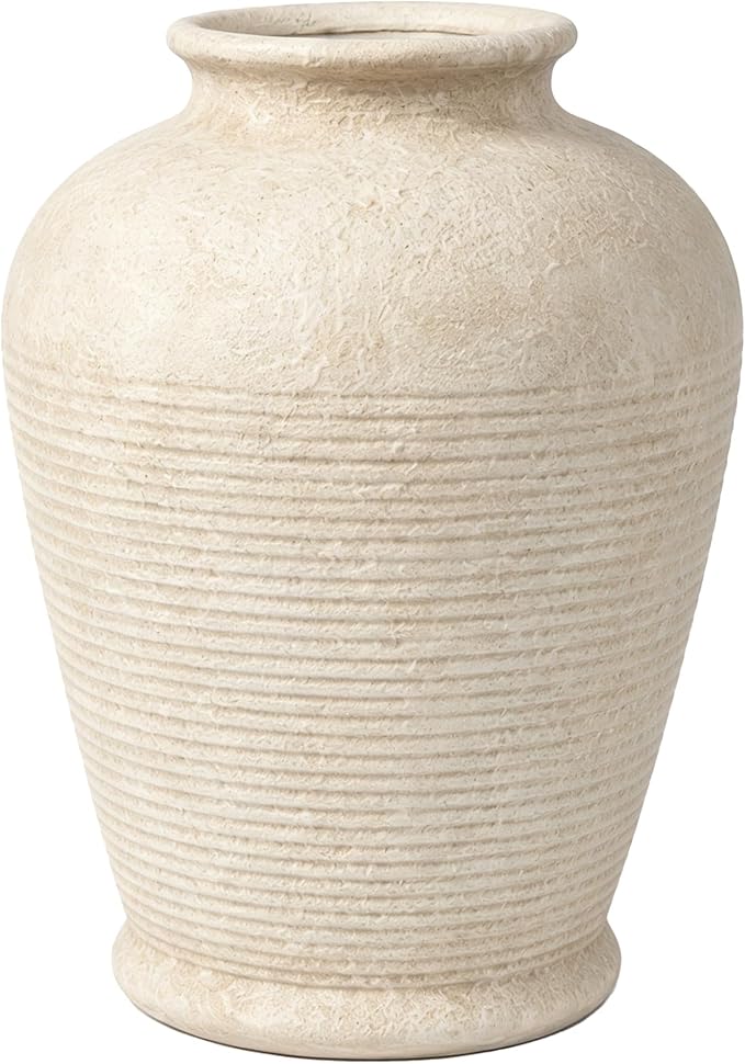 8.3" Beige Ceramic Vase, Small Vase with Rustic Bottle Shape | Vintage ceramic vase in light beige; small decorative vase for fresh flowers, dried stems, pampas grass, shelves and tables