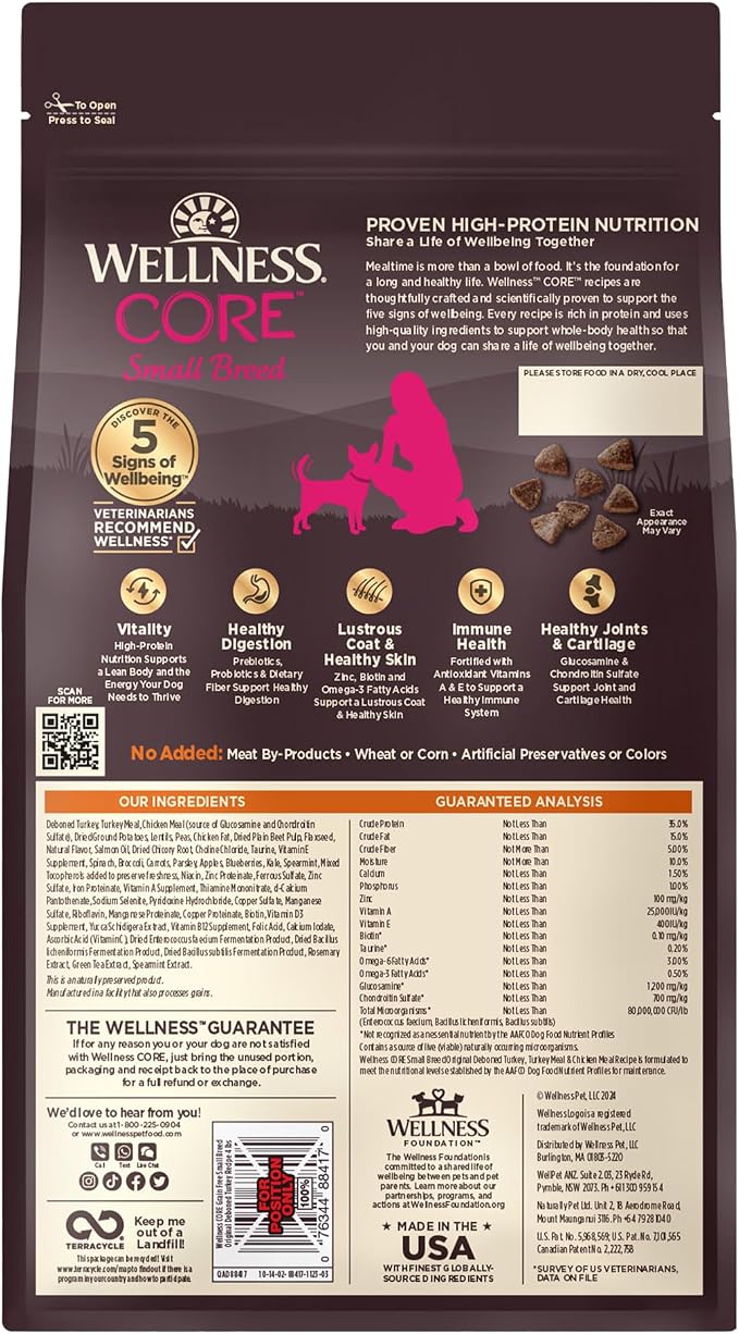 Wellness CORE Small Breed Adult Dry Dog Food, Grain Free Kibble, Natural, High Protein, Turkey and Chicken Recipe, 4 lb Bag