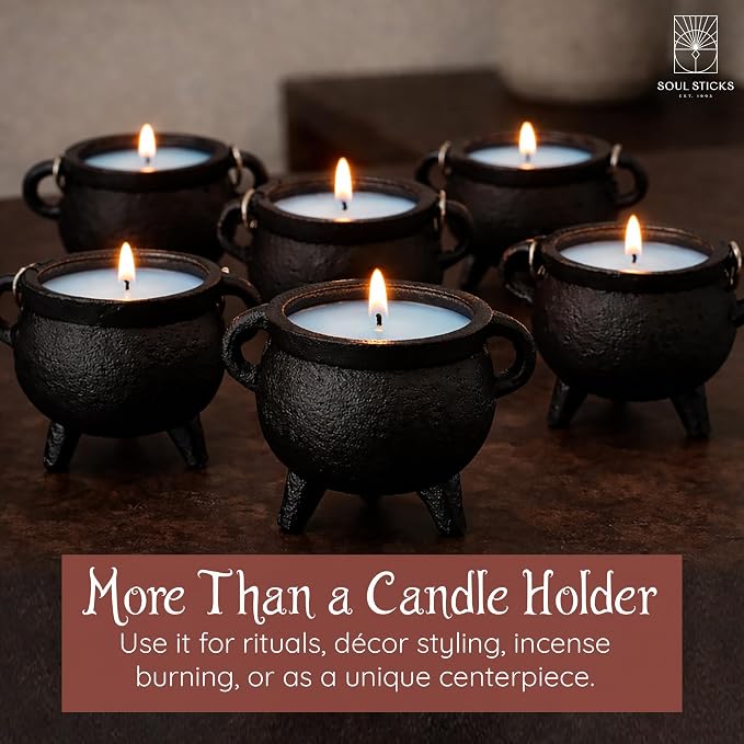 Reusable 4 Inch Cast Iron Cauldron Candle with Lid and Hanging Handle for Spell Casting, Smudging, Ritual & Blessings Pot Belly Witchcraft Candle Aromatherapy Scented (White Sage)