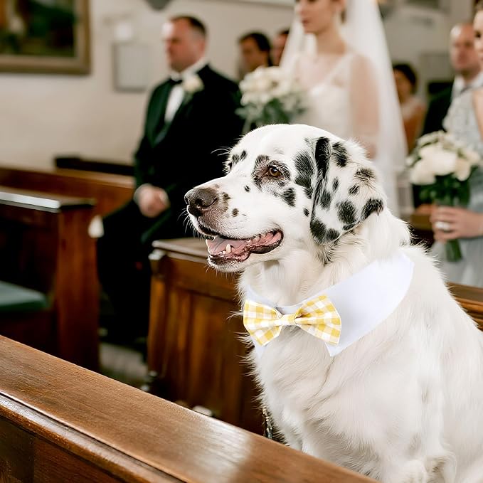 Segarty Dog Bow Tie Neck Girth 16.5-21.2in, Adjustable Yellow Plaid Bowtie Collar for Extra Large Dogs, Tie Tuxedo Comfortable Cotton Pets Grooming Accessory for Formal Wedding Holiday Birthday Party