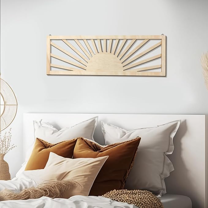 Burbell Horizontal Sun Wall Art 35"x12" Boho Wooden Room Decor,Wood Color | Long Panoramic Sun Art Above Bed, Vintage Bohemian Design, Carved Hollow Frame, Farmhouse Decor for Living Room Bedroom