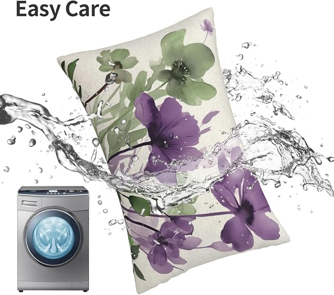Spring Floral Pillow Covers 12x20 Inches Set of 2 Sage Green Purple Floral Throw Pillow Cover Outdoor Summer Flower Decoration Pillowcase Farmhouse Decorative Lumbar Cushion Cover For Home Sofa