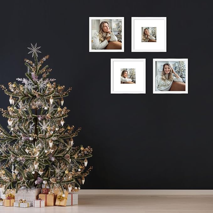 10x10 Picture Frame Set of 9, Display Pictures 8x8 with Mat or 10x10 without Mat, Multi Collage Gallery Square Photo Frames for Wall or Tabletop, White