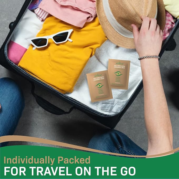 NOVEHA 120PCs Tea Tree & Coconut Oil Eyelid & Lash Wipes - For Demodex, Blepharitis & Itchy Eyes, Individually Wrapped Eyelash Wipes With Aloe Vera, Natural Makeup Remover & Daily Eye Cleanser - 2pack