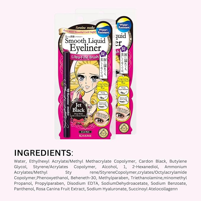 Heroine Make by KISSME Cat Eye Liner for Long Lasting Wear, SMOOTH Liquid Eyeliner Pen with Ultra-Fine 0.1mm Tip, Waterproof Eyeliner for Sensitive Skin, Made in Japan, Jet Black, 2EA