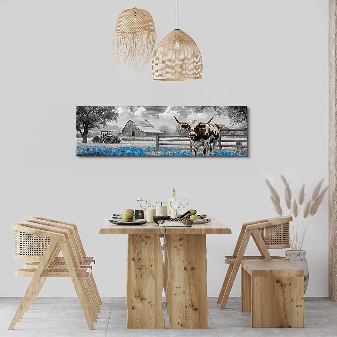 Highland Cow Wall Art Country Barn Truck Pictures for Living Room Western Wall Decor Meadow Scenery Canvas Painting Black and White Poster Prints Artwork Farmhouse Kitchen Decorations 14x48"