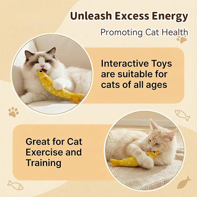 Cat Toys for Indoor Cats, Fish-Shaped Pillow, 2 Pack Yellow + Purple