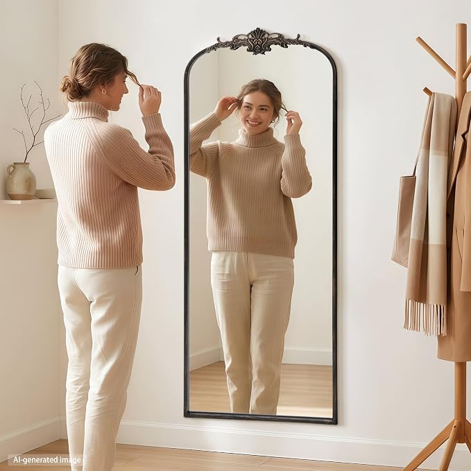 Besdomus Antique Mirror Full Length: 26"x63" Black Long Arched Body Mirrors | French Floor Standing Metal Framed - Vintage Baroque Traditional Ornate - Ideal for Foyer/Cloakroom/Bedroom/Dressing Room