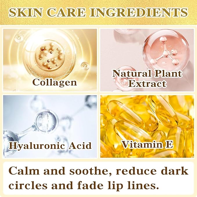 Gold Eye Mask And Pink Lip Mask,Natural Gel Eye Masks,Under Eye Gel Patches for Dark Circles,Eye Mask for Puffy Eyes,10 Pairs Gold Eye Mask And 10 Pcs Pink Lip Mask