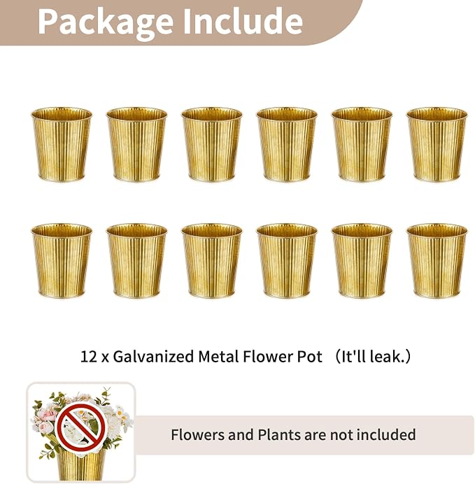 NUPTIO Gold Galvanized Vases for Centerpiece, 5" Small Ribbed Vase, 12 Pcs | Rustic Metal Planter Pots, for Flowers, Wedding, Table, Home, Decor