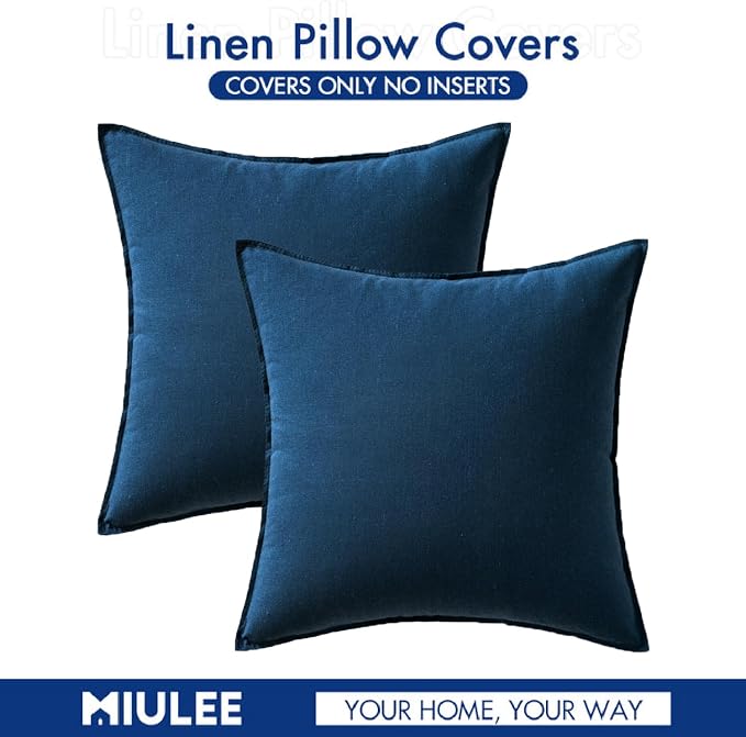MIULEE Euro Shams Decorative Linen Pillow Covers 24x24 Inch Navy | Pack of 2, Boho Farmhouse Modern Soft Accent Throw Pillows, Neutral Cushion Covers, Home Decor for Bed Sofa Couch Living Room