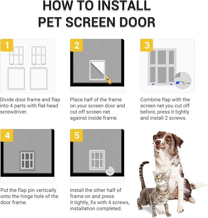 Dog Door for Screen Door, Small Pet Door for Small Dogs Cats, 8.3" x 10.3" Magnetic Flap with Lockable Insert, Sliding Screen Door Compatible, White S