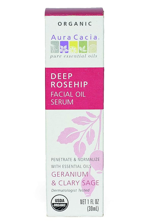 Aura Cacia Organic Deep Rosehip Facial Serum, 1-Ounce, Soothing, Moisture-Preserving Oil, Pure, Free From Synthetic Additives