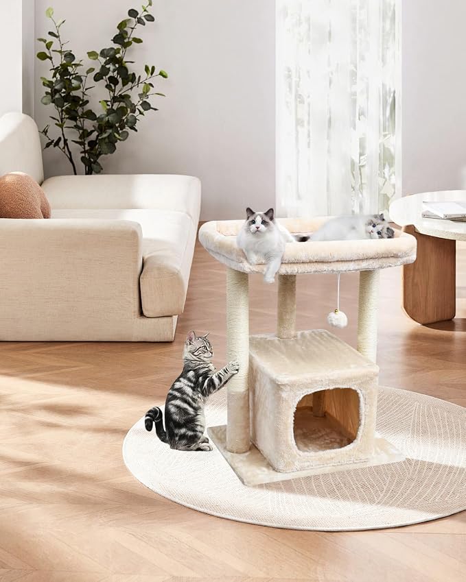 SYANDLVY 27" Cat Tree for Indoor Cats, Activity Tower with Scratching Posts | Modern Kitten Condo with Plush Perch & Hanging Ball for Play, Beige