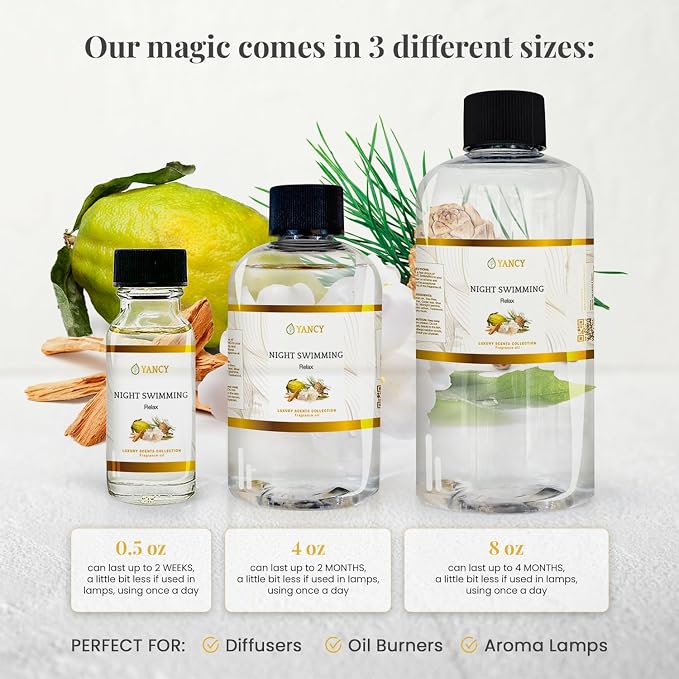 YANCY Night Swimming Luxury Collection Fragrance Oil (1/2 oz), Fresh Marine and Floral Scent, Soothing Aroma for Diffusers, Oil Burners & Aroma Lamps, Ideal for Nighttime Relaxation