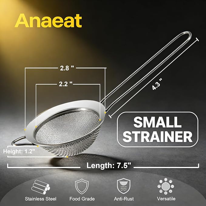 Anaeat Fine Mesh Strainers - Premium Stainless Steel Colander Sieve Sifters, with Durable Mesh and Sturdy Handle, Excellent for Sifting Dry ingredients, Flour, Pastas, Rice, Tea (2.8")