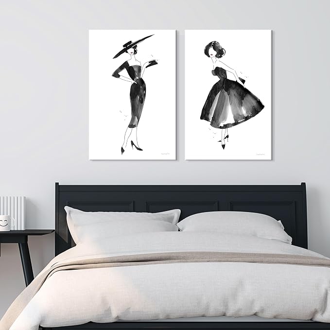 2 Pieces Fashion Women Canvas Wall Art Trendy Models Painting Black and White Funky Poster Pictures Framed Artwork for Bedroom Bathroom Makeup Room Decor 12"x16" (30cmx40cm)