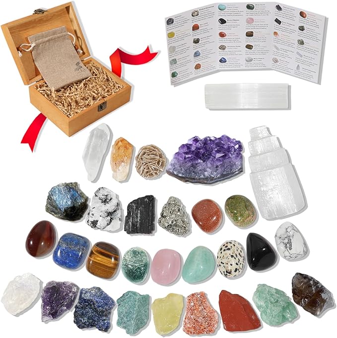 30 PCS Crystals and Stones Set, Natural Raw Healing Crystals and Tumbled Chakra Stones, Premium Protection Crystal Gift Kit Display in Wooden Box with Info Guide, Meditation, Yoga, Home Decor