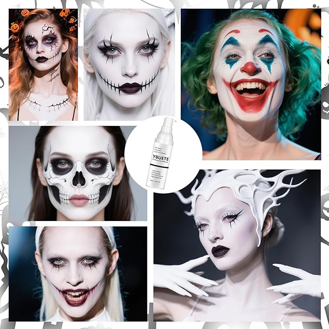 White Liquid Foundation for Halloween Goth Makeup,Professional Waterproof Full Coverage White Foundation for SFX Skeleton Ghost Zombie Clown Cosplay Makeup Face Paint for Adult Halloween Party