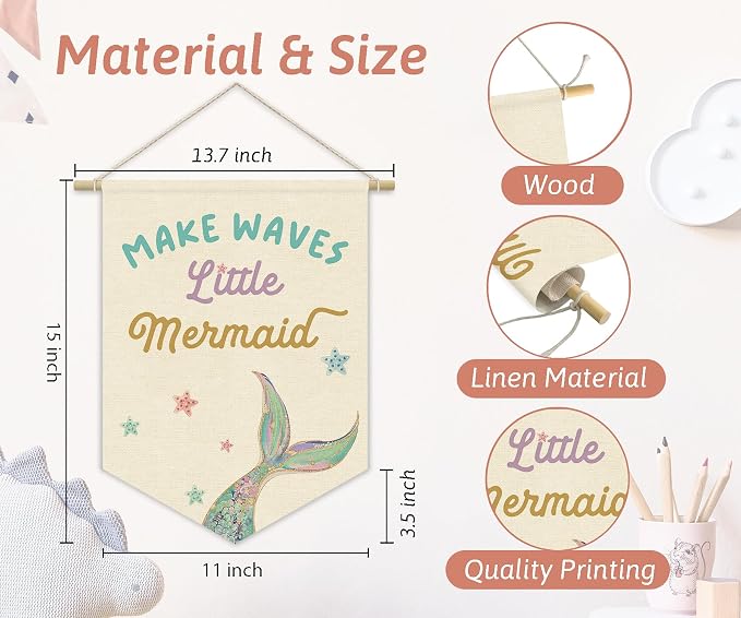 Little Mermaid Wall Decor Banner for Girls Room, Nursery Decor Pennant Banner,Cute Ocean Princess Playroom Wall Hanging, Make Waves Mermaid Bedroom Bathroom Decor for Baby Girls 15x11