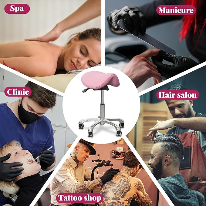 Saddle Stool with Wheels,Rolling Stool,Rolling Chair Ergonomic Swivel Rolling Chair with Hydraulic Lifting Height Adjustable Rolling for Office Medical Massage Salon Drafting(Pink)