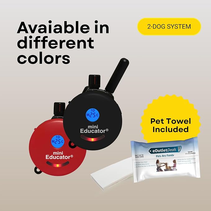 E-Collar ET-300 / ET-302 Dog Training Collar System with Remote - 1/2 Mile Range - Waterproof, Vibration, Sensation - Includes eOutletDeals Pet Towel (2 Dog System - ET-302 Black)