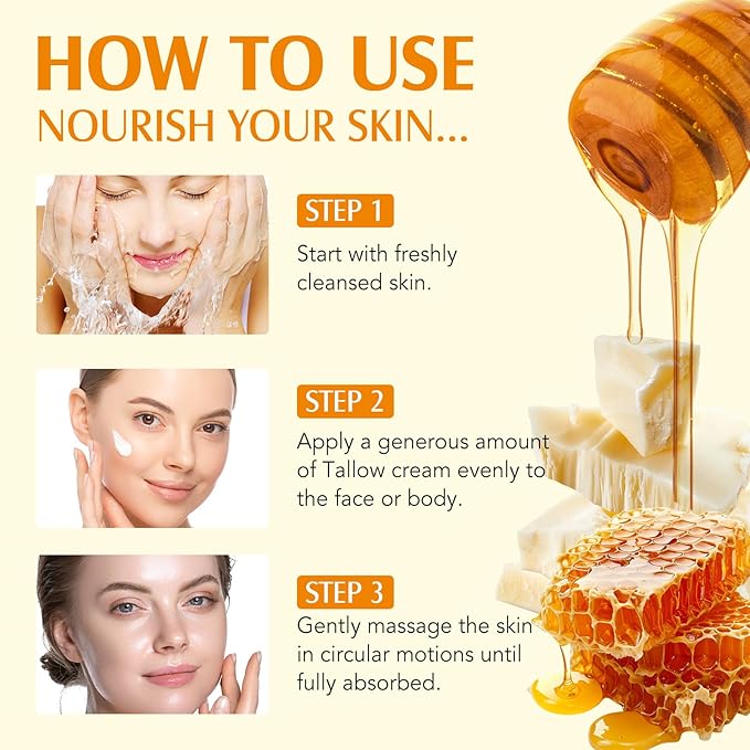 Beef Tallow for Skin, Natural Tallow and Honey Balm, Organic Grass Fed Whipped Beef Tallow for Face Moisturizer, Deeply Moisturizing Body Butter for Dry & Sensitive Skin, All Skin Types 4.2 Oz