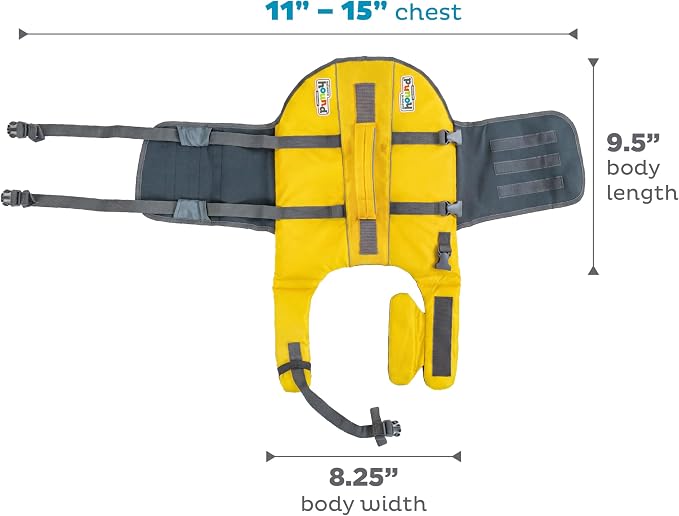 Outward Hound Granby Splash Dog Life Jacket, Life Vest, Yellow, X-Small | Max Buoyancy, Adjustable Fit, Head/Neck Support, Rescue Handle, Reflective, Swimming & Boating, X-Small Dogs (11–15" Girth)